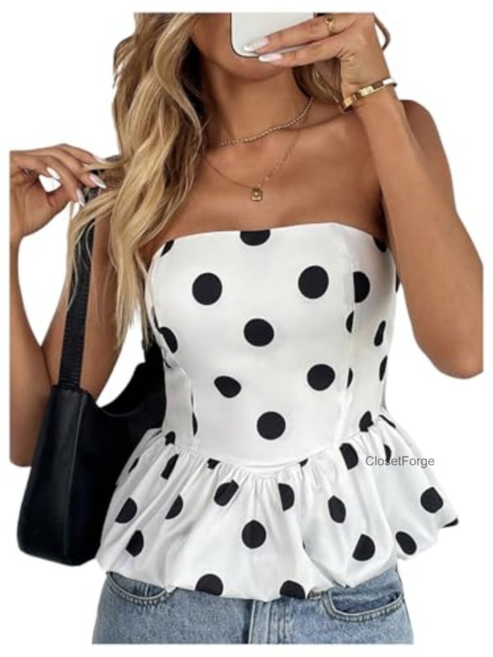 Polka Dots Peplum Tube Top Strapless Bubble Hem Flared Tops Y2k